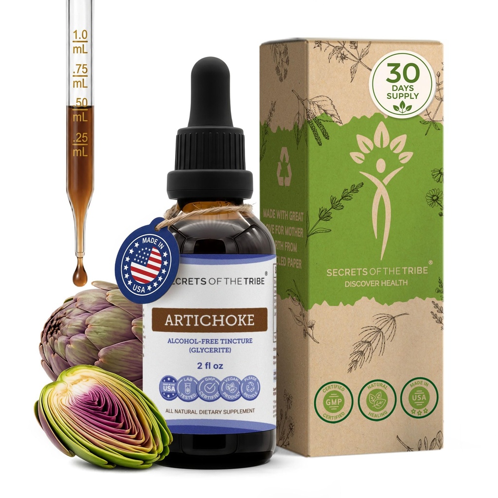 Secrets de la Tribe Artichaut Teinture Extrait liquide sans alcool, Artichaut (Cynara scolymus) Feuille séchée (2 FL OZ)