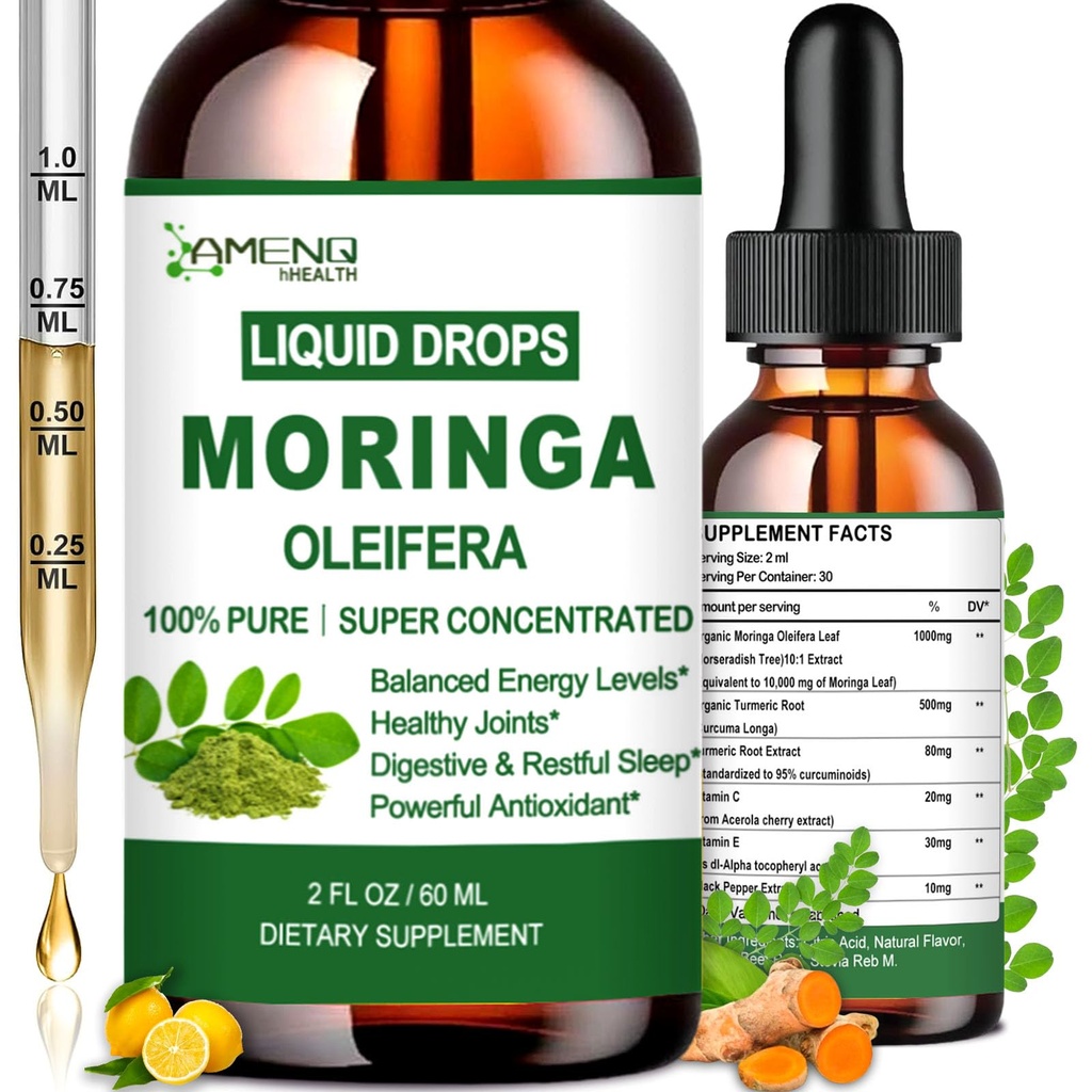 Pure Moringa Oleifera gouttes liquides, extrait de feuille de Moringa biologique w. curcuma, poivre noir, supplément de Moringa pour le métabolisme de l'énergie Immune peau articul & Gut, 6X plus fort que les capsules Moringa Poudre