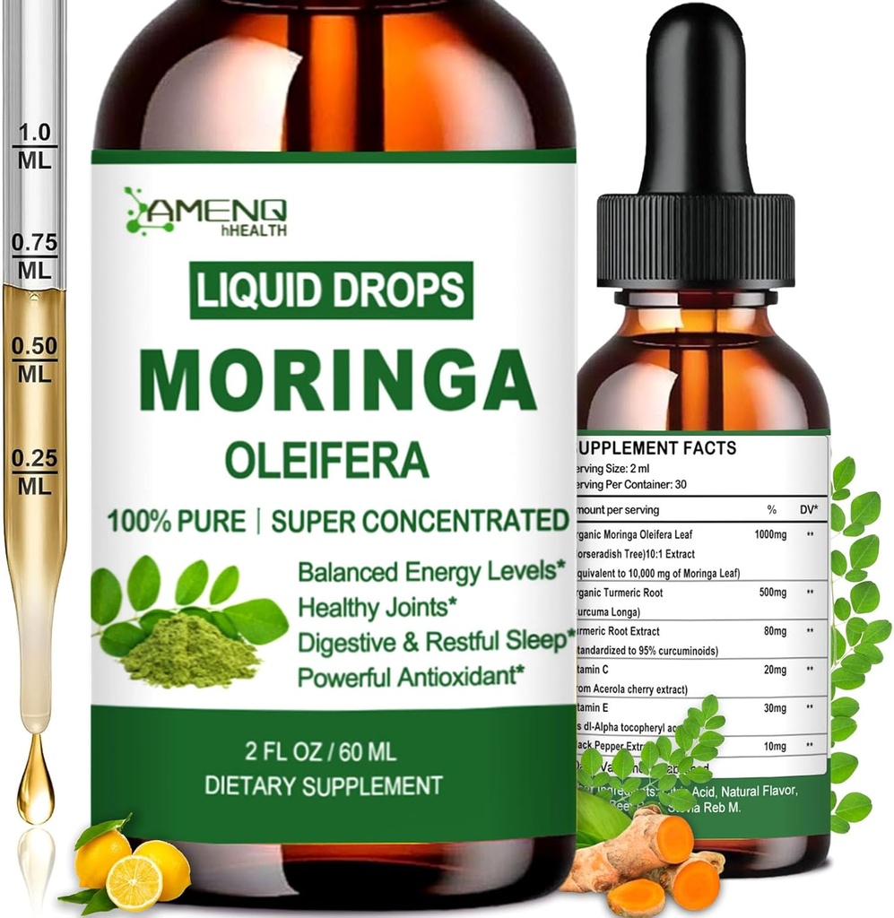 Pure Moringa Oleifera gouttes liquides, extrait de feuille de Moringa biologique w. curcuma, poivre noir, supplément de Moringa pour le métabolisme de l'énergie Immune peau articul & Gut, 6X plus fort que les capsules Moringa Poudre