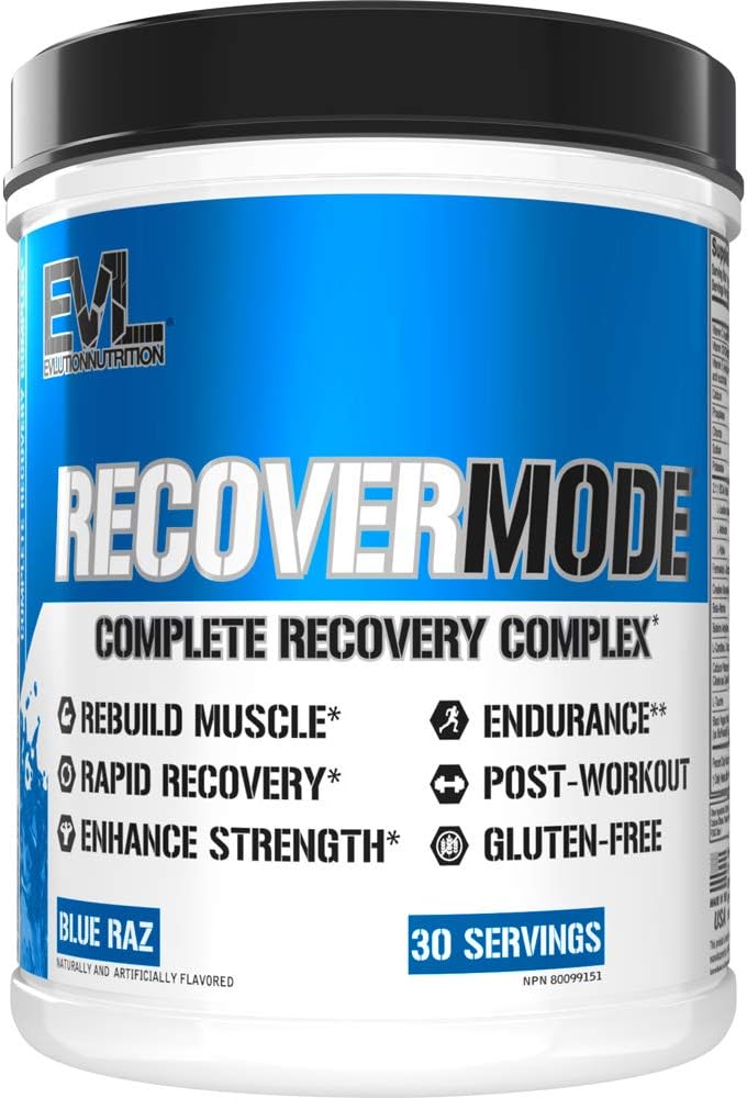 Évlution Nutrition Recover Mode- Complete post-entraînement avec BCAAs, Immunity Support, Vitamine C, D & E, Electrolytes, Hydratation, Créatine, Glutamine, Beta-Alanine, L-Carnitine, 30 Servir, Raz Bleu