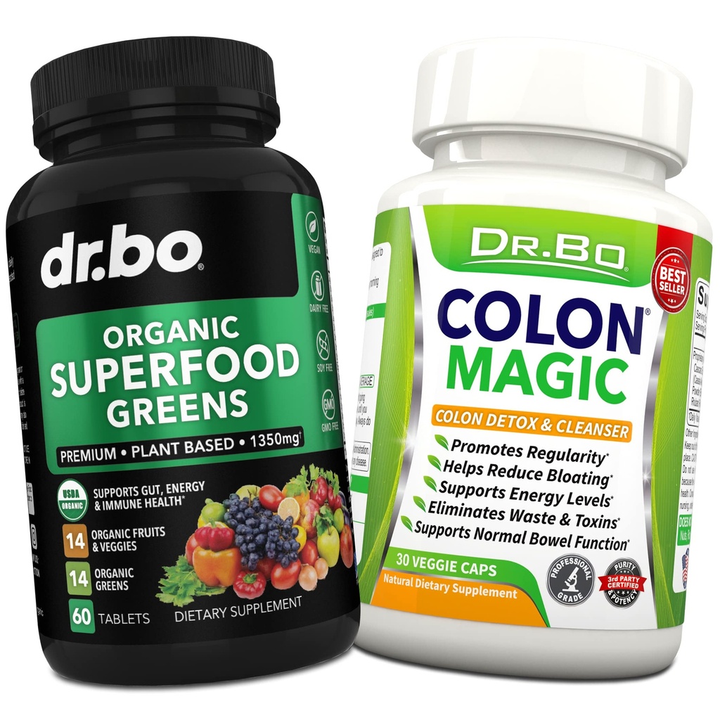 Organic Superfood Greens & Fruit Supplements - Colon Cleanse Detox Formula for Intestinal Bloating - Green Veggie Powder Blend Vegetable Foods & Constipation Relief Supplement Gut, Belly, Stomach