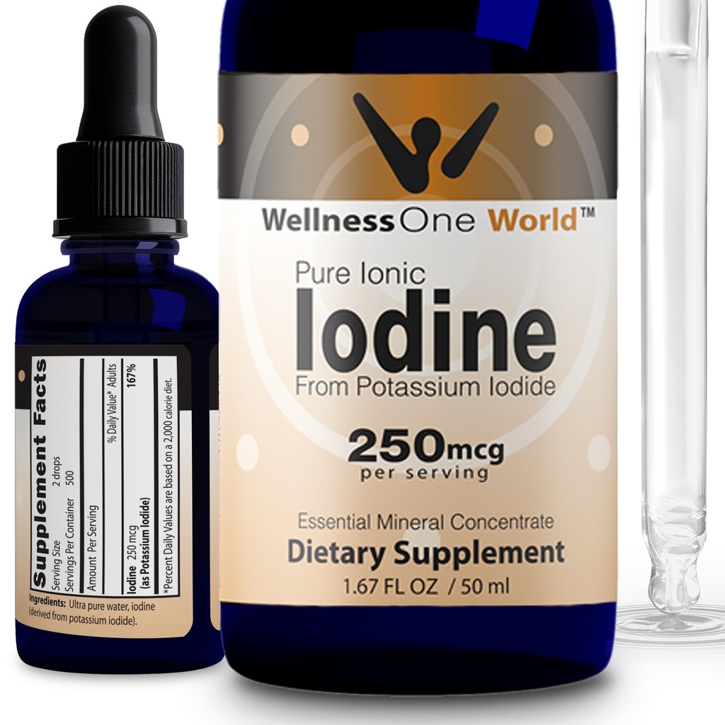 WellnessOne gouttes d'iode pour le support thyroïde - Supplément d'iode liquide à action rapide de l'iodure de potassium - Idéal pour l'immunité et la cognition et maximise l'absorption de fer - 1,67 fl oz