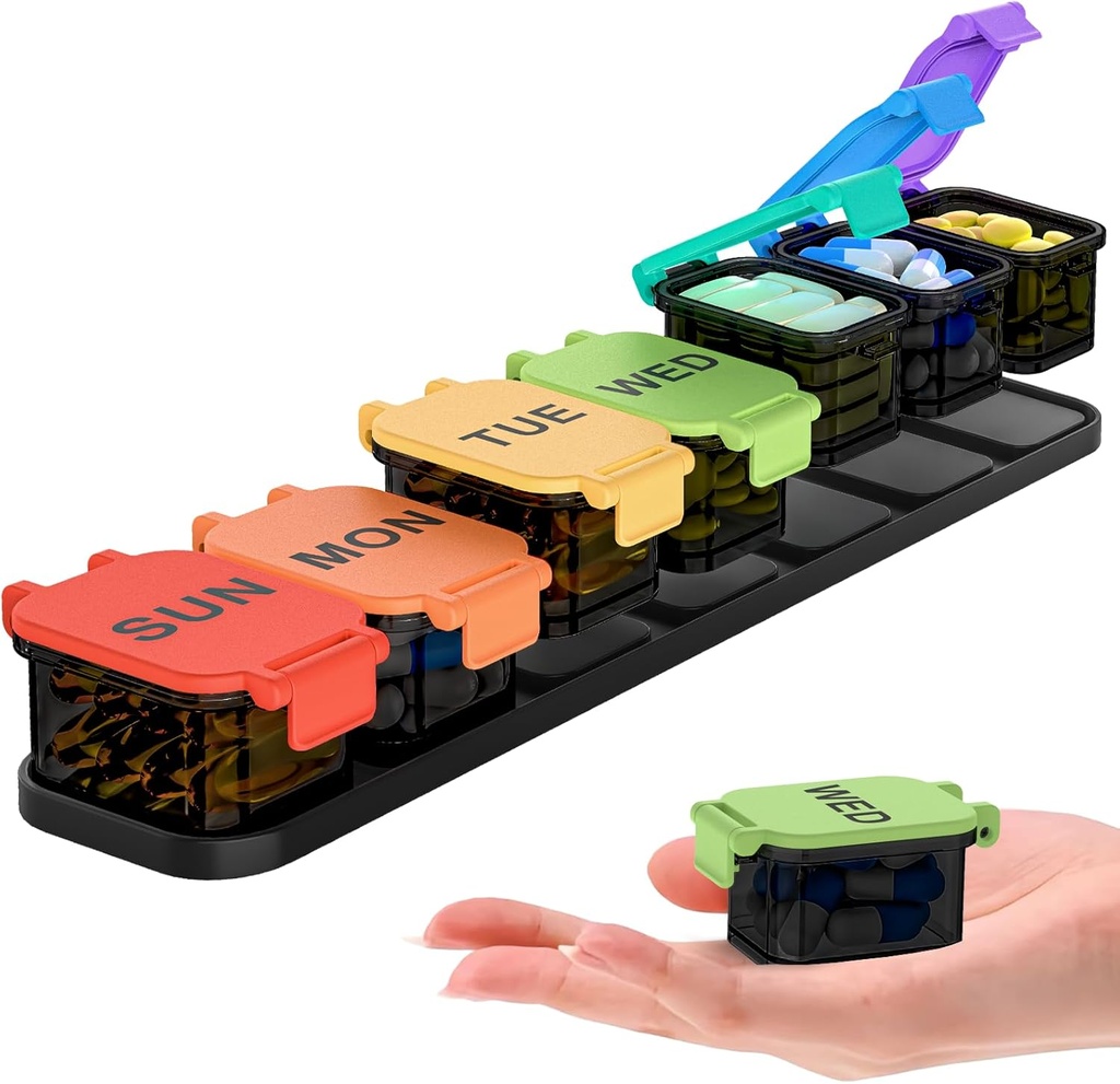 Extra Large Organisateur de pilules hebdomadaires - Imperméable boîte à pilules de 7 jours, étui de vitamines et suppléments portatifs, facile à ouvrir, idéal pour les voyages et la gestion quotidienne des médicaments
