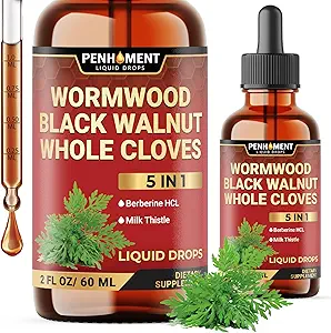 5in1 Wormwood Liquid Drops - Black Walnut Cloves Extract, Berberine, Milk Thistle - 2 Fl oz - 60 Days Supply