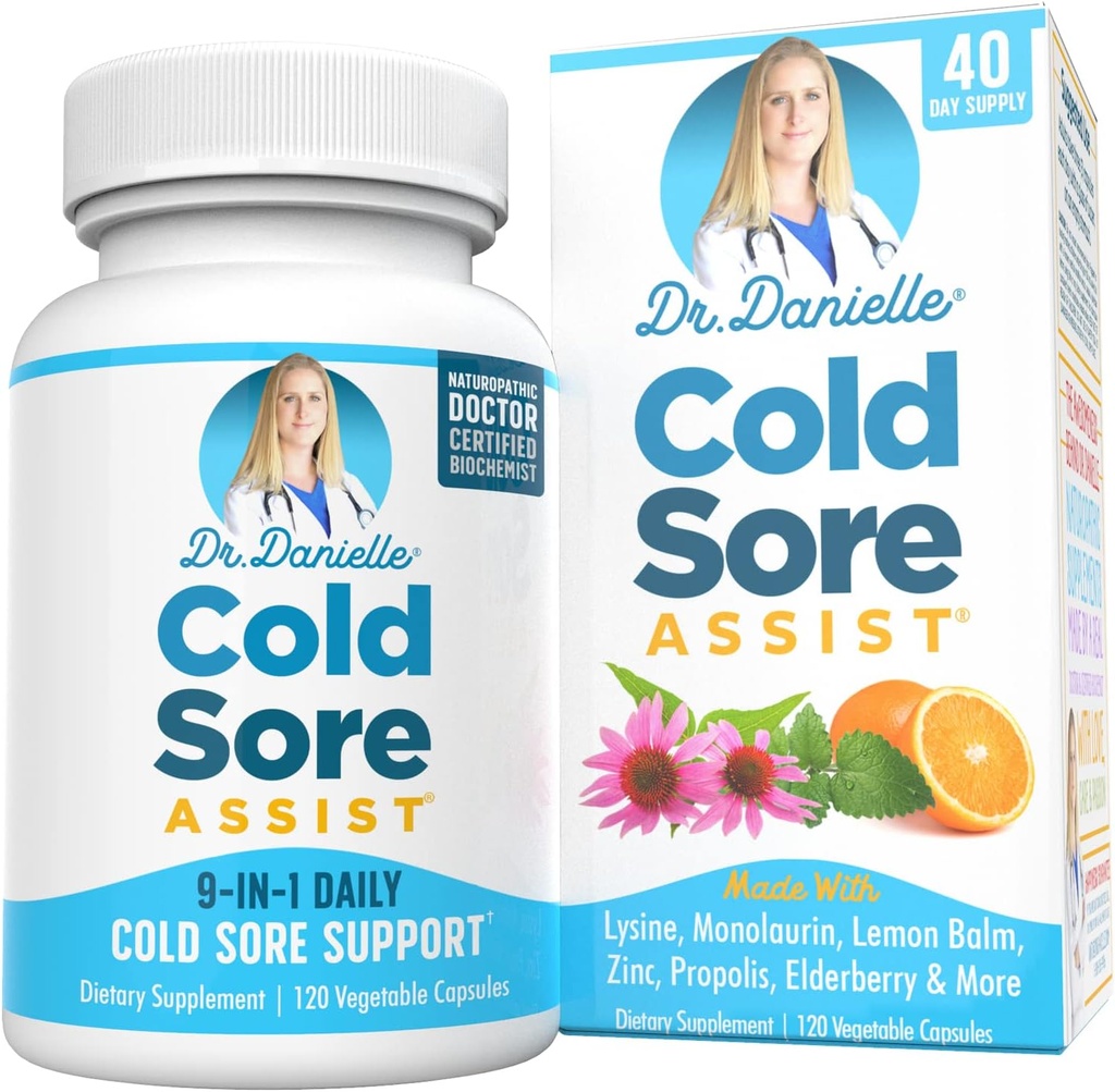 Meilleur supplément pour plaies froides avec baume Lysine et citron - Dr Danielle Cold Sore Assist - 120 capsules