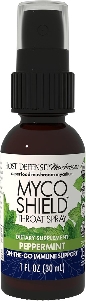 Host Defense MycoShield Throat Spray - Imune Health Support - Supplément de champignons diététiques avec Chaga, Reishi, Turkey Tail & More - Support immunitaire sur le pouce - Peppermint, 1 fl oz (71 portions)*
