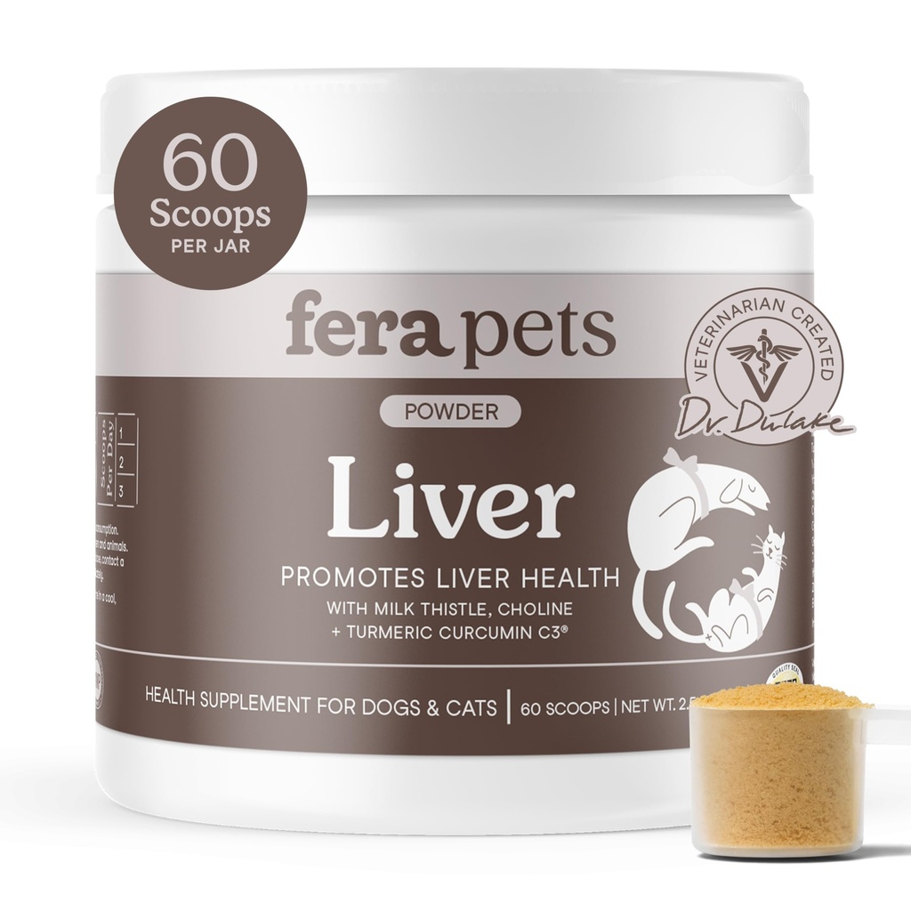 Fera Animaux de compagnie Supplément foie pour chiens et chats avec chardon de lait, choline et curcuma - Botaniques organiques - Améliore la fonction hépatique, l'immunité, la désintoxication et la fonction métabolique - Poudre - 60 scoops