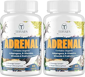 Support adrénal Adaptogens Herbes Suppléments - Supplément Cortisol avec Rhodiola Rosea, Ashwagandha, Saint Basilic et Eleuthero-Mood et soutien énergétique pour les femmes et les hommes-non-OGM, 120 comprimés végétaliens