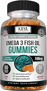 Kaya Naturals Omega 3 Huile de poisson Gommies - Supplément d'huile de poisson avec les acides gras de l'EPA et du DHA - aide à soutenir le cerveau, l'oeil, la santé du coeur et l'immunité - non-OGM - 60 Compte