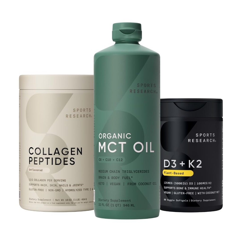 Recherche sportive Collagène Peptides Hydrolysés de type 1 et 3 Collagène supplément de protéines en poudre, Keto MCT Huile de noix de coco biologiques - Triple ingrédient C8, C10, C12 MCT et vitamine D3 K2 avec huile de coco