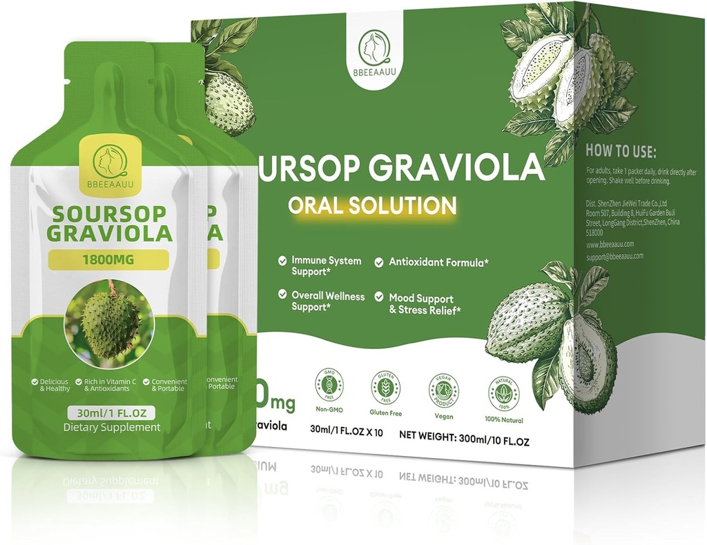 Soursop Graviola Oral Liquid 10 FL.OZ, Haute Absorption Soursop Bitters Boissons pour les femmes et les hommes, Extrait de fruits frais de Graviola pour la régénération de cellules*, le soutien immunitaire et antioxydant, le goût d'ananas