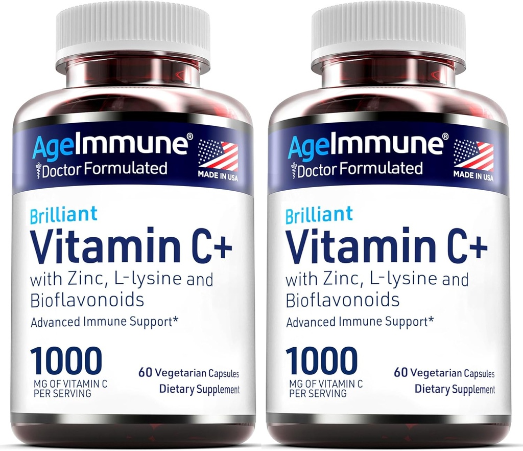 Vitamin C 1000mg Complex with L-Lysine 500mg, Zinc Gluconate 12mg, Bioflavonoids 300mg. Doctor Formulated Magnesium Stearate Free Supplements for Healthy Immune System Support. Two Bottles.(2)