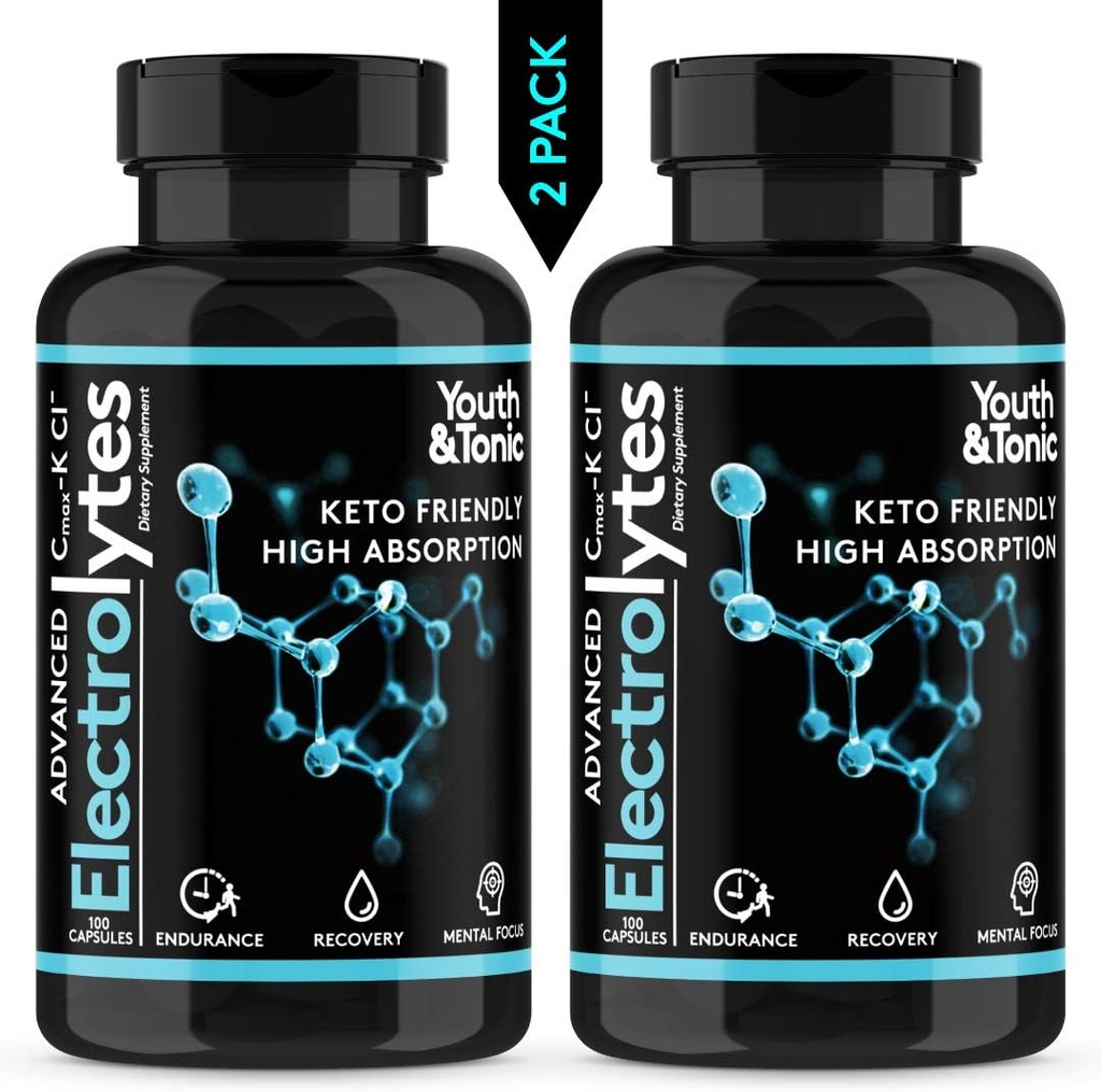 Supplément d'électrolyte complet w Haute biodisponibilité et Cmax Chlorure de potassium Magnésium pour le rétablissement musculaire d'endurance Focus mental. Sels de réhydratation rapide et pilules kéto-friendly avec 200 capsules