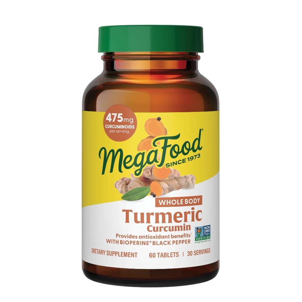 Supplément curcumine pour le corps entier Megafood - Supplément curcuma avec poivre noir et vitamine C - 475 mg Curcuminoïdes par portion - Support antioxydant et immunitaire - Vegan - 60 comprimés, 30 portions