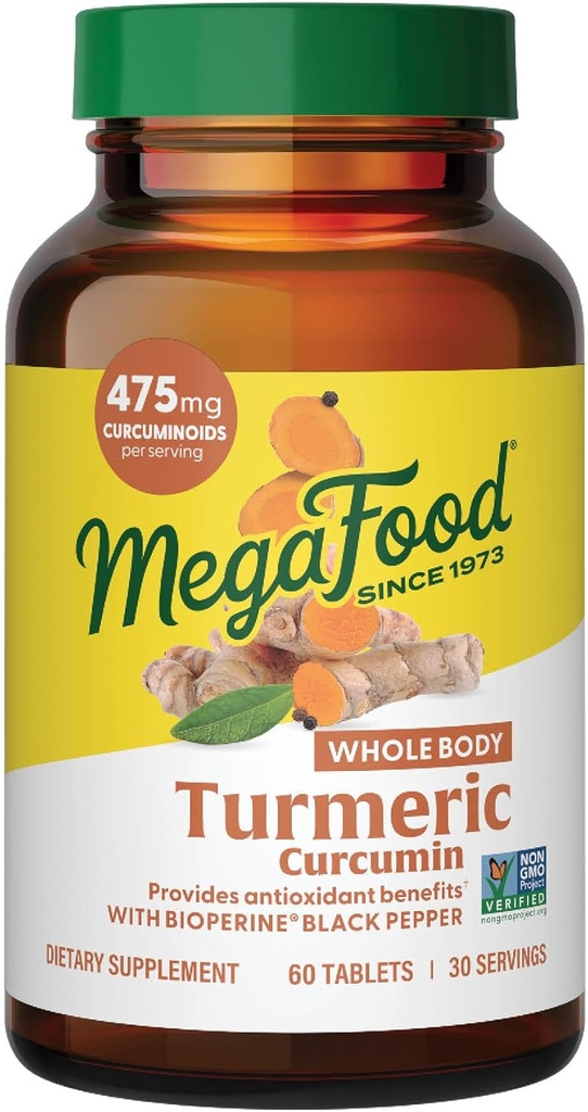 Supplément curcumine pour le corps entier Megafood - Supplément curcuma avec poivre noir et vitamine C - 475 mg Curcuminoïdes par portion - Support antioxydant et immunitaire - Vegan - 60 comprimés, 30 portions