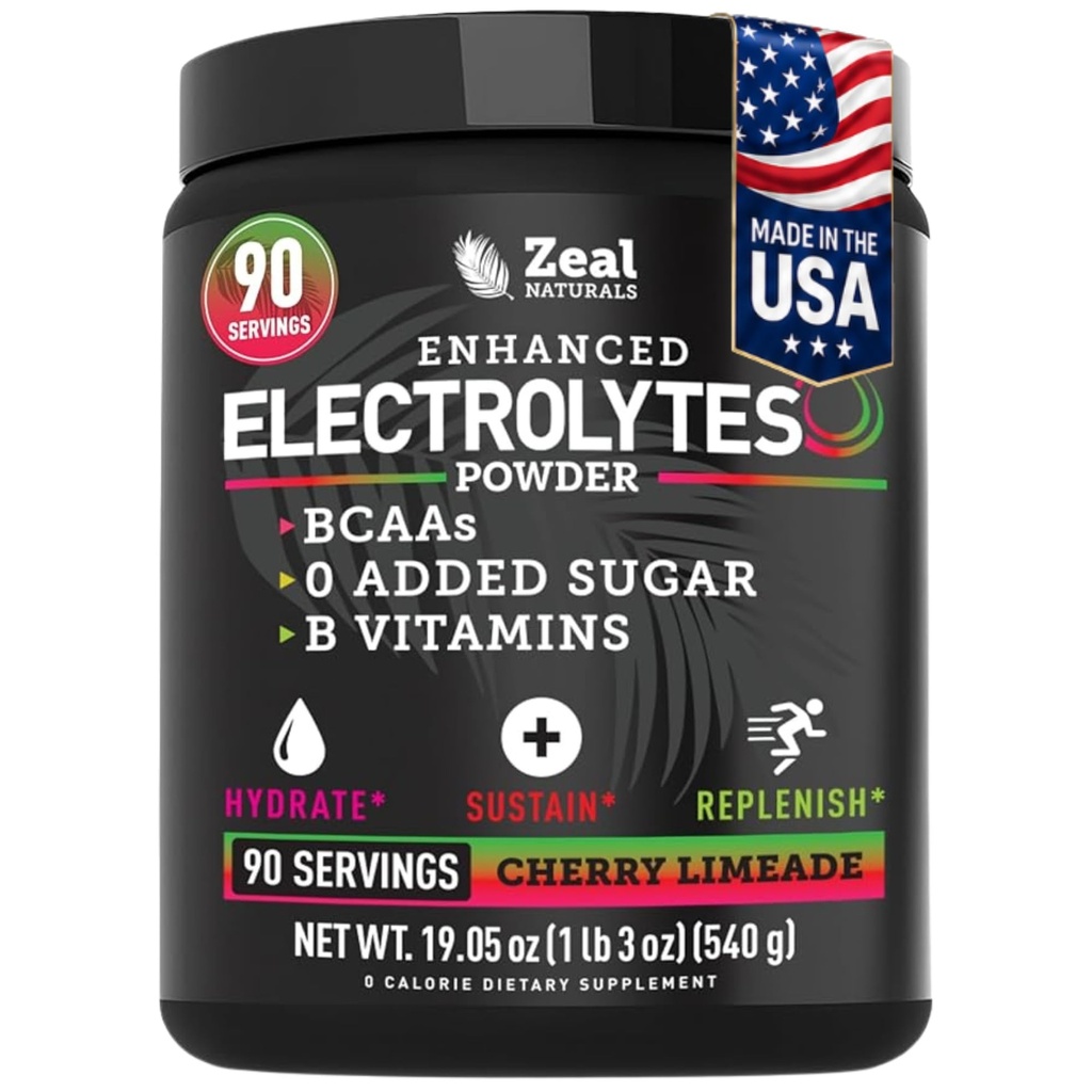 Zeal Naturals Electrolyte Powder Recovery Drink (90 portions) w 0 Sucre + BCAA + B-Vitamines Supplément Electrolyte w Potassium Zinc & Magnésium pour l'hydratation - Keto Electrolytes