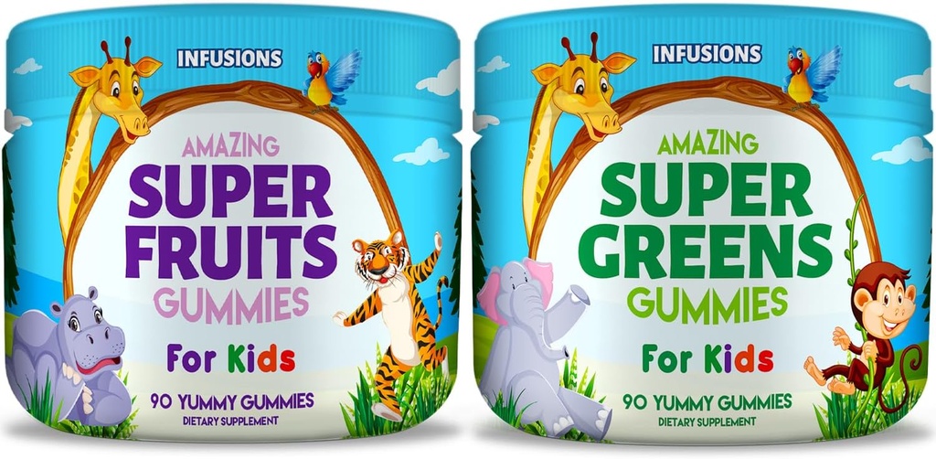 Infusions Super Fruits et Gommies Super Verts pour Enfants 180 Comte Superfood Blend Soft and Delicious Gluten Free Non-OGM