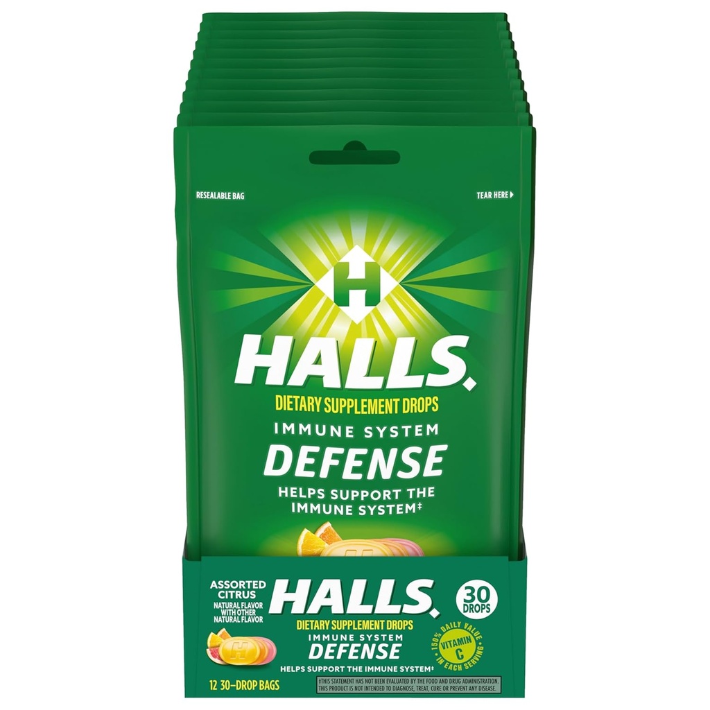 HALLS Defense Assortiment agrumes vitamine C gouttes, complément alimentaire gouttes, 12 sacs de 30 gouttes (360 gouttes totales)