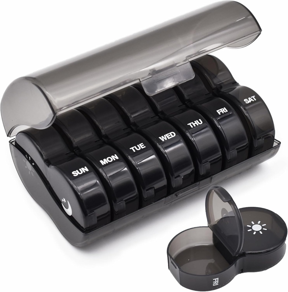 Organisateur hebdomadaire de pilules, grand cas de pilules de 7 jours, boîte quotidienne de médicaments à base de vitamines, contenants de pilules AM/PM pour médicaments suppléments Huile de poisson (noir)