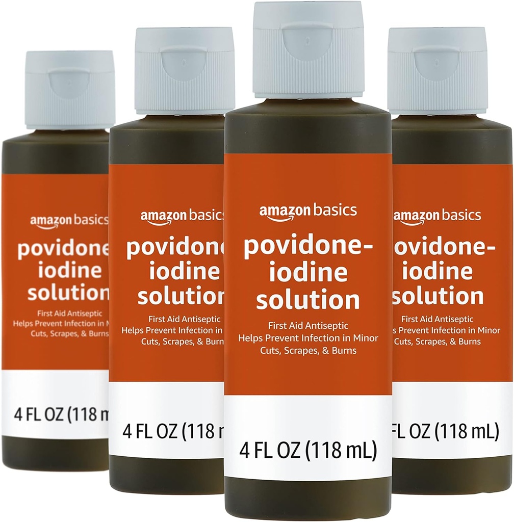 Amazon Basics Premiers soins Antiseptiques, solution d'iode povidone 10%, 4 onces fluides, 4 paquets (précédemment Solimo)