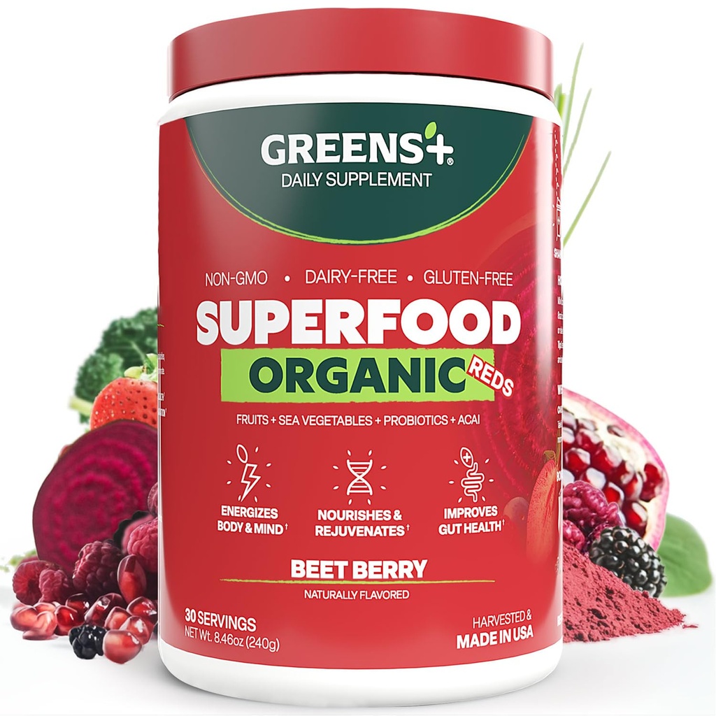 Verts+ Rouges organiques Poudre superalimentée, antioxydant, polyphénol, mélange pour le coup de pied du matin, énergie, stimulation de la vitalité, nutrition, santé vive, soja végétalien/lait/sans gluten(8.46oz)