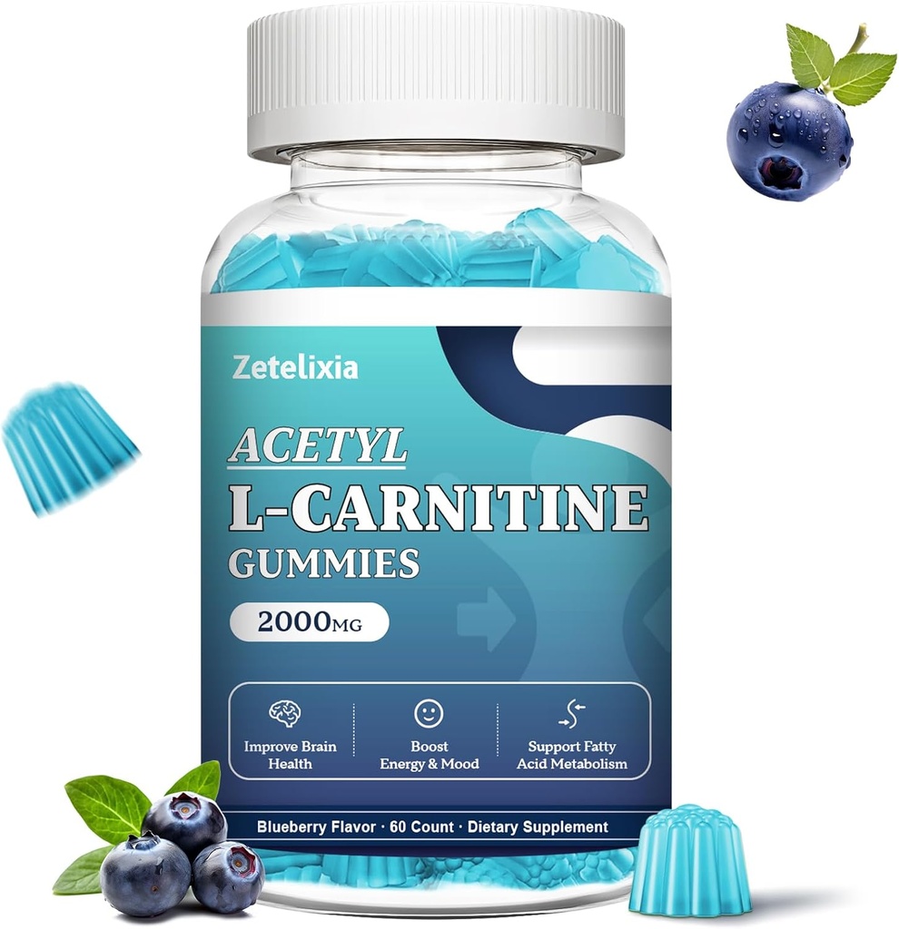 Sugar Free Acetyl L-Carnitine Gummies, L-Carnitine Supplement for Women & Men, with Vitamin C & B12, ALCAR for Energy, Brain & Heart Health Support, Vegan, Non-GMO, 60 Count