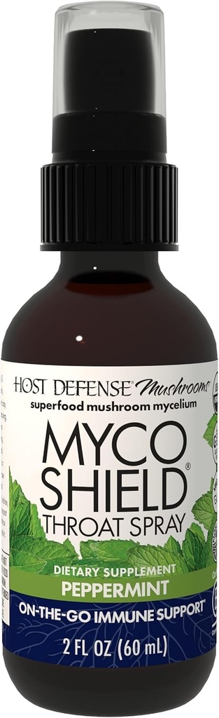 Host Defense MycoShield Throat Spray - Immune Health Support - Supplément de champignons diététiques avec Chaga, Reishi, Turkey Tail & More - Support Immmune On-The-Go - Peppermint, 2 fl oz (142 portions)*