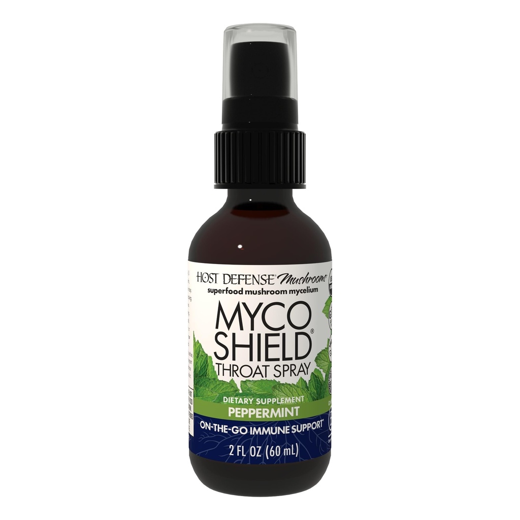 Host Defense MycoShield Throat Spray - Immune Health Support - Supplément de champignons diététiques avec Chaga, Reishi, Turkey Tail & More - Support Immmune On-The-Go - Peppermint, 2 fl oz (142 portions)*