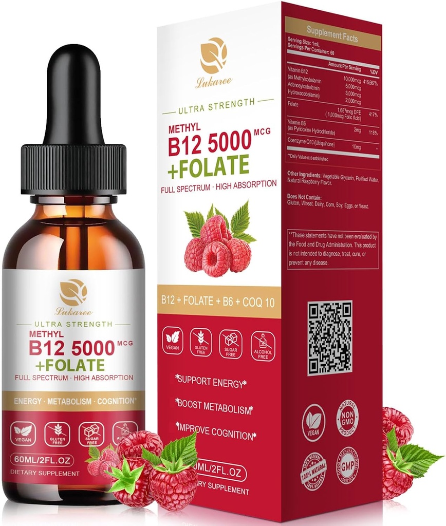 Lukaree Vitamine B12 gouttes sublinguales Vegan B12 Vitamines Liquid-Full Spectrum-Methylcobalamine, Adénosyl & Hydoxy B12, pour l'énergie, Focus, Mood & Immune Support- 2 mois d'approvisionnement, 2 fl oz