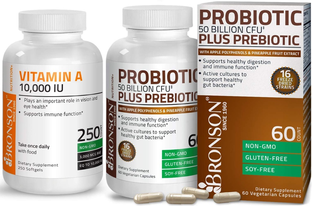 Bronson Probiotique 50 milliards CFU + Prébiotique avec les polyphénols de pomme et extrait de fruits d'ananas + vitamine A 10 000 UI Premium Non-OGM Formule