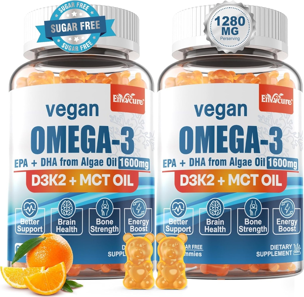 Vegan Omega 3 Gummies 1280mg + Vitamine D3 K2 (MK7), Omega 3 Huile de poisson Alternative pour les adultes, w/Algae EPA 600mg & DHA 400mg, Huile MCT - Pas de goût de poisson - pour le cerveau, l'œil, la santé immunitaire, sans sucre, 2 Pack