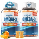 Vegan Omega 3 Gummies 1280mg + Vitamine D3 K2 (MK7), Omega 3 Huile de poisson Alternative pour les adultes, w/Algae EPA 600mg & DHA 400mg, Huile MCT - Pas de goût de poisson - pour le cerveau, l'œil, la santé immunitaire, sans sucre, 2 Pack