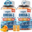 Vegan Omega 3 Gummies 1280mg + Vitamine D3 K2 (MK7), Omega 3 Huile de poisson Alternative pour les adultes, w/Algae EPA 600mg & DHA 400mg, Huile MCT - Pas de goût de poisson - pour le cerveau, l'œil, la santé immunitaire, sans sucre, 2 Pack