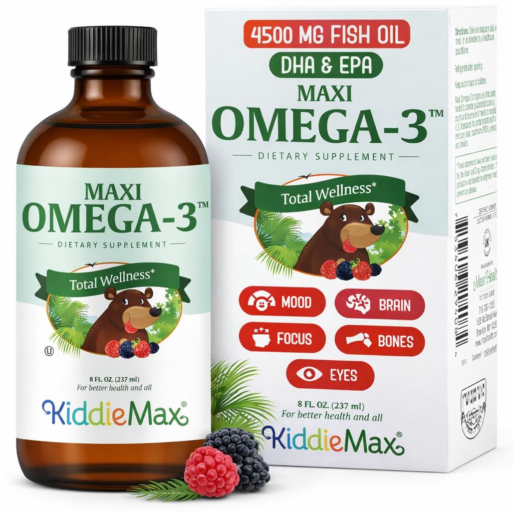 Supplément Maxi Health Omega 3 pour les enfants – Kosher Omega 3 Enfants Huile de poisson liquide avec DHA & EPA – Supplément d'huile de poisson liquide avec un parfum fruité pour soutenir l'humeur, le cerveau, la concentration, les os et les yeux (8 oz)