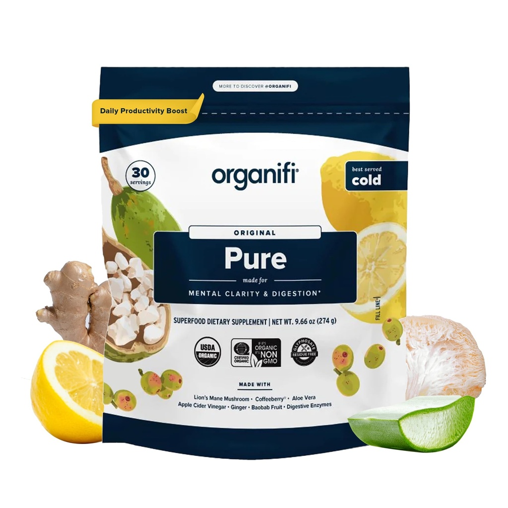 Organifi Pure - encourage la stimulation dans l'apprentissage, la mémoire, la focalisation et la clarté - Soutien au cerveau avec des superaliments - sans gluten et sans OGM - Meilleur servi froid, 30 portions