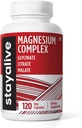STAY ALIVE Triple Magnésium Complex Supplément 500mg, Glycinat chélaté, poudre de citrate et de malate, Magnésium d'absorption élevée pour les femmes et les hommes, 120 pilules, capsules sans OGM et sans gluten
