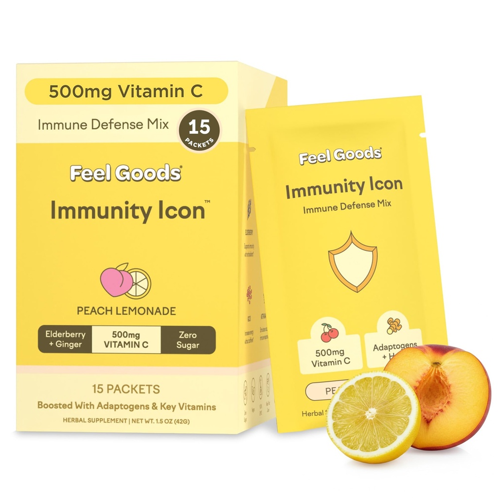 Feel Goods Immunity Icon, Vitamin C Immune Support Powder Packets - 500mg Vitamin C, Elderberry, Ginger, Turmeric & Key Vitamins for Daily Immune Health - Sugar-Free & Caffeine-Free Drink Mix Packets