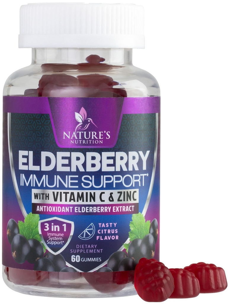 Gommies de soutien immunitaire - Gommy de la mûre aînée de Sambucus avec extrait de baie aînée, zinc et vitamine C, supplément de soutien immunitaire végétalien naturel pour adultes et enfants, vitamines de la mûre aînée de Gommy - 60 Gommies