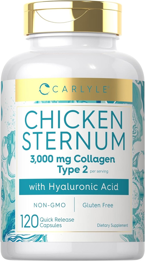Carlyle Chicken Sternum Cartilage Collagen Capsules | Type II 3000mg | 120 Pills | with Hyaluronic Acid | Non-GMO, Gluten Free