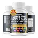St. John's Wort Rhodiola Rosea Ashwagandha Saint Basilic Valérien Camomille Noir Pepper -150 Capsules- Fabriqué aux États-Unis