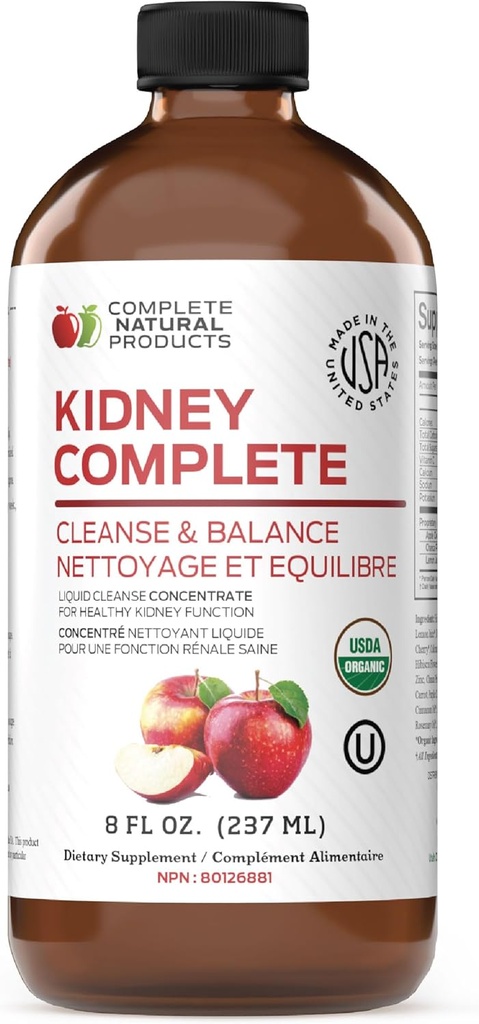 Complete Natural Products Kidney Complete - 8oz Organic Liquid for Kidney Support, Cleanse, and Detox with Apple Cider Vinegar, Lemon, & Organic Chanca Piedra.