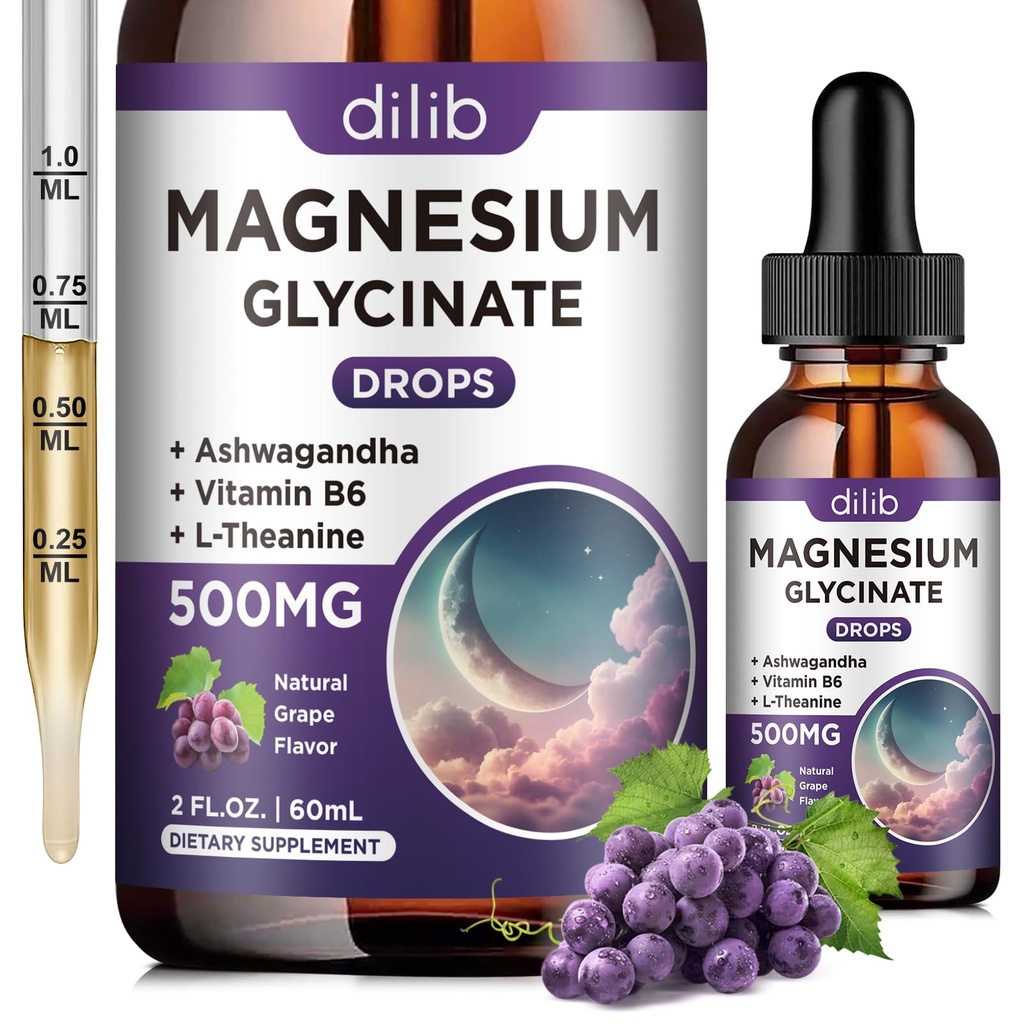 Glycinat de magnésium gouttes liquides 500mg, avec vitamine B6, Ashwagandha, L - Theanine, Camomille, supplément de Glycinat de magnésium haute absorption pour le sommeil, le stress, l'énergie, l'humeur - arômes de raisin, 2 FL.OZ