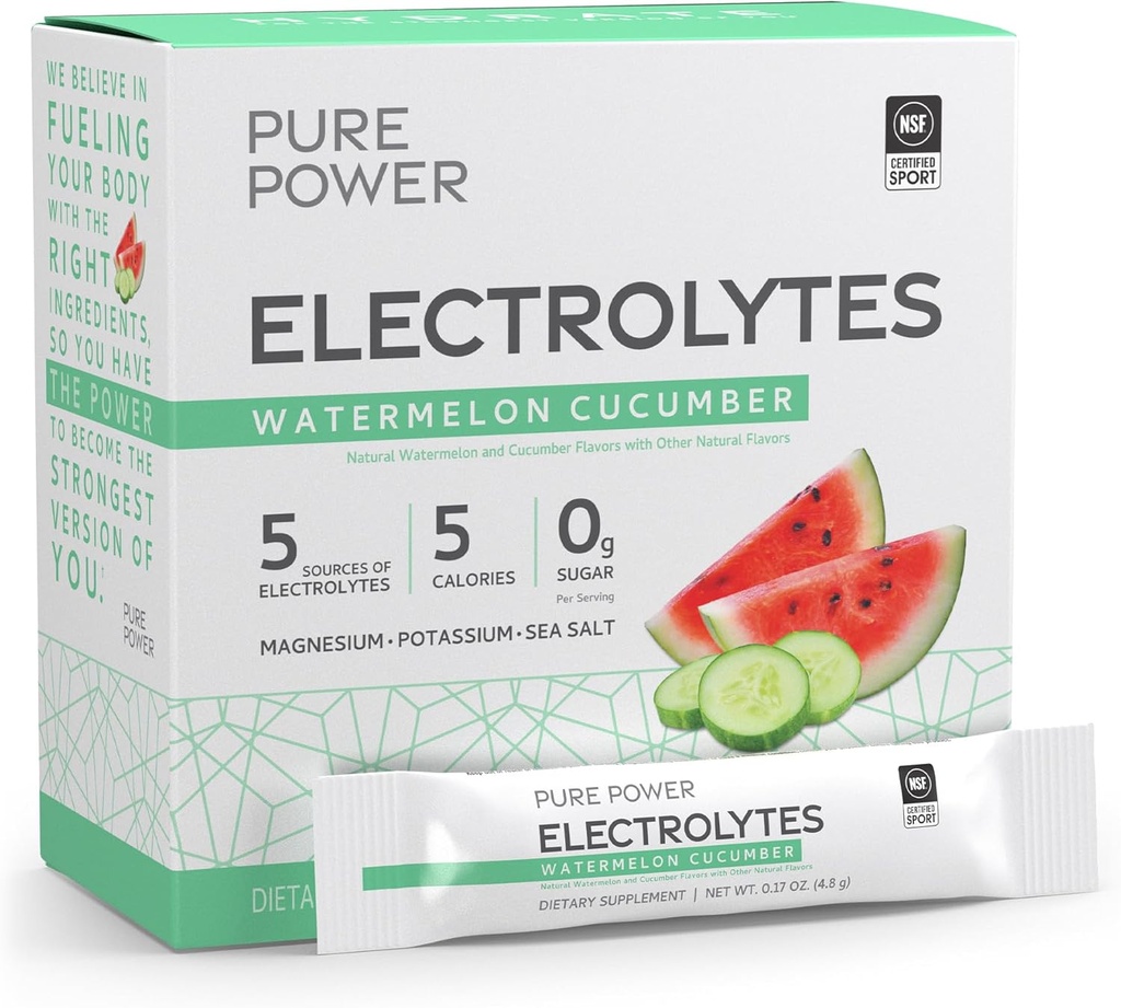 Electrolytes de puissance pure, pastèque Cucumber Flavor, 5,13 oz (145,6 g), 30 portions (30 paquets), 5 calories et 0 g de sucre par portion, non-OGM, NSF certifié pour le sport, Dr. Mercola