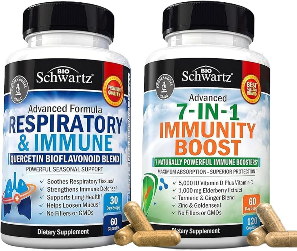 BioSchwartz Supplément de soutien respiratoire et immunitaire pulmonaire avec Quercetin (1 mois d'approvisionnement) Plus 7 en 1 Supplément de soutien immunitaire avec antioxydants (2 mois d'approvisionnement)