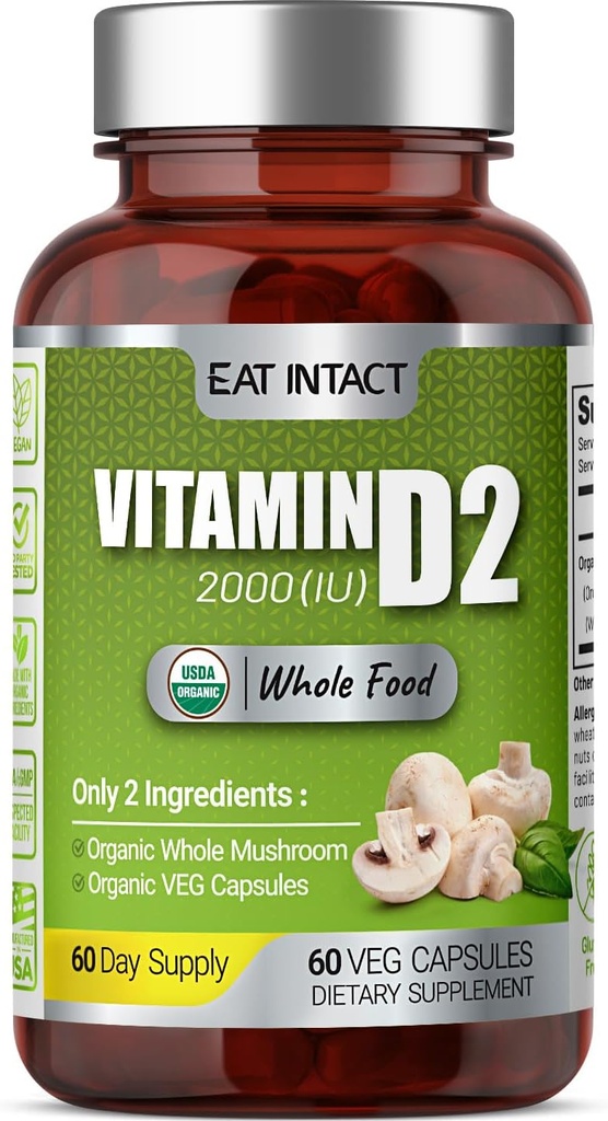 Vitamine D, 2000 UI (50 mcg), D2, Deux ingrédients (Mushroom entier organique et Capsule végétale biologique), Non-OGM, Testé par une tierce partie, 60 jours