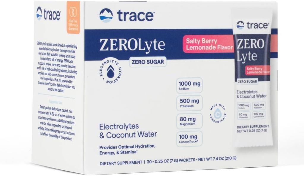 Trace Minerals ZeroLyte - Boisson Mélange Poudre Supporte Hydratation et Énergie - Aides Fonction Nerve et Muscle Santé - Soutien Heart & Digestion Santé - Limonade Saltée Berry, 30 Packets (30 Serviettes)