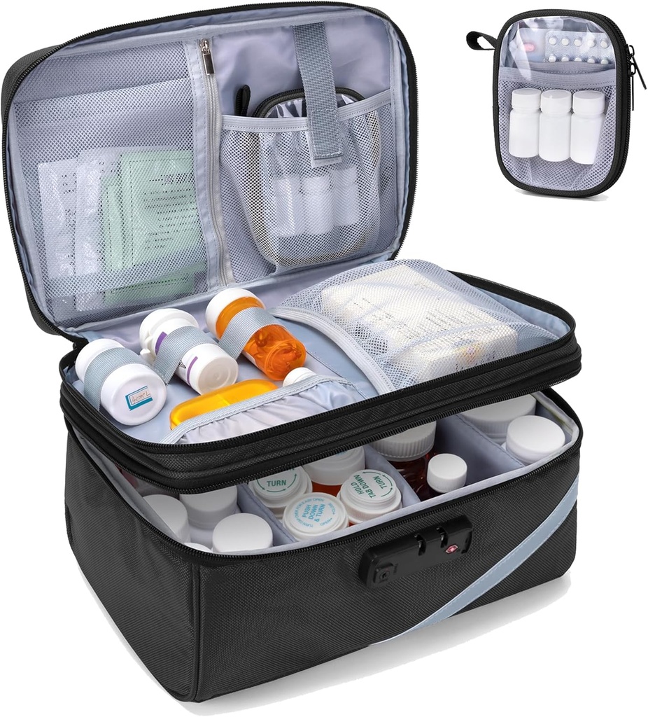 Sac de rangement en médicaments Trunab avec serrure combinée, organisateur de bouteille de pilule verrouillable, étui de voyage pour médicaments pour boîte de médecine, ordonnance, vitamines, suppléments ou fournitures médicales
