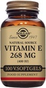 Solgar Vitamine E 268 mg (400 UI), 100 softgels végétariens - Antioxydant naturel, peau et système immunitaire - Vitamine E d'origine naturelle - Non-OGM, végétalien, sans gluten, sans lait - 100 portions