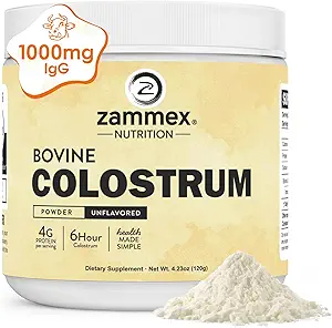 Zammex Bovine Colostrum poudre 4000MG pour le soutien immunitaire, la santé de Gut, la croissance des cheveux, supplément de colostrum biologique de la fée d'herbe pour les humains Superfood facile à mélanger, 4g de protéines, non aromatisé, 30 portions