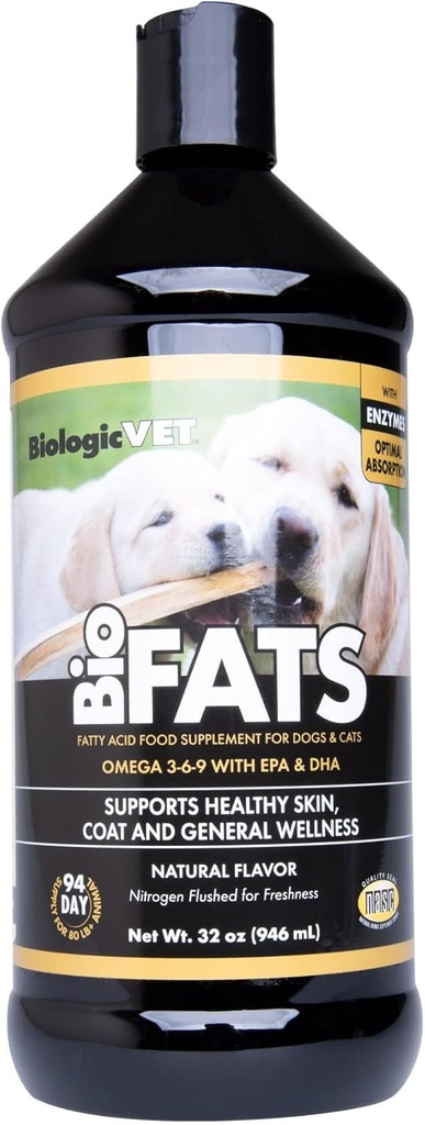 BiologicVET BioFATS - Contient des Omégas 3, 6 et 9 - avec EPA, DHA et ALA - pour chien et chat - Skin & Joint Health Support - Comprend poisson, lin et huile d'olive - 32 fl. oz.